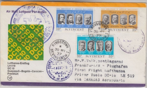 St. Vincent - Zuleitungspost LH 1st-Flug Caracas - Frankfurt 1977 200 J. USA