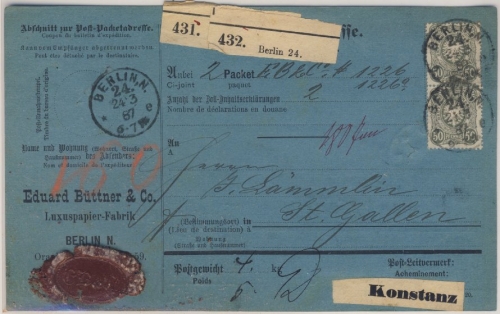 DR - 3x50+10 Pfg. Paketkarte f. 2 Pakete i.d. SCHWEIZ Berlin - St. Gallen 1887