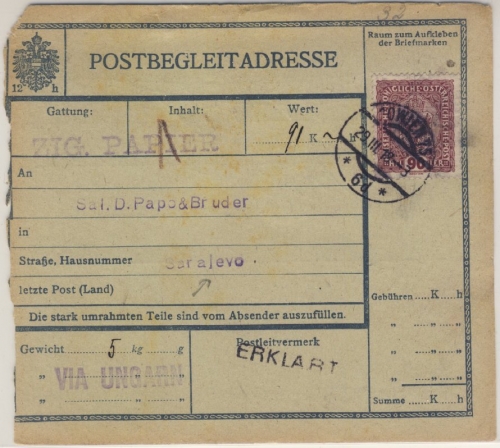 Österreich - 90 H. Wappen Paketkarte n. BOSNIEN Wien - Sarajewo 1918