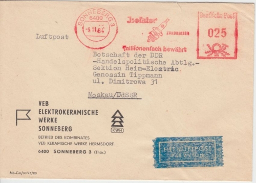 DDR - Sonneberg 1984 25 Pfg. AFS Isolator Zündkerzen Luftpostbrief i.d. UdSSR