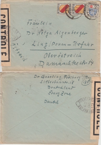 Franz. Zone - 2x30+15 Pfg. Wappen Brief n. ÖSTERREICH Freiburg 1946 Zensur GBC