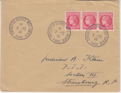 Frankreich - Paris Exposition Science Mois UNESCO 1946 SST Brief n. Strasbourg