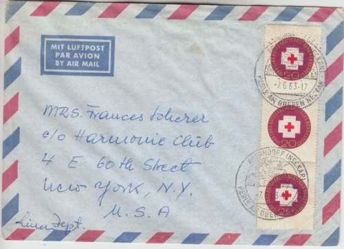 BRD - 3x20 Pfg. 100 J. Int. Rotes Kreuz Luftpostbrief n. USA Oberndorf 1963 n.