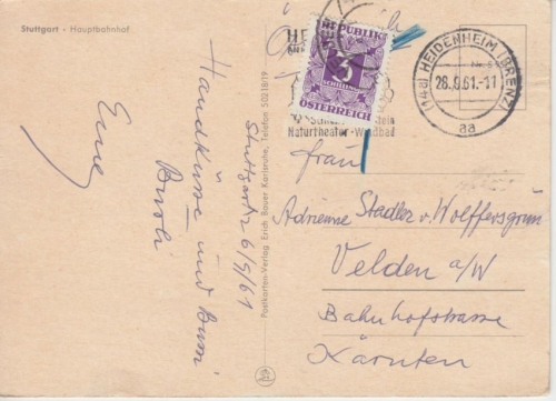 BRD - Heidenheim 1961 unfrankierte Karte n. ÖSTERREICH 3 S. Portomarke/Nachporto
