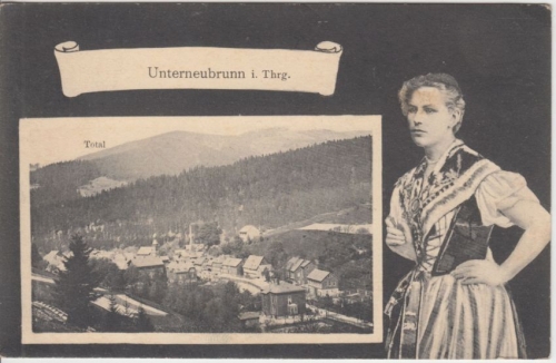 Thüringen - Unterneubrunn Ortsansicht Mädchen/Tracht Passepartout-AK 1907
