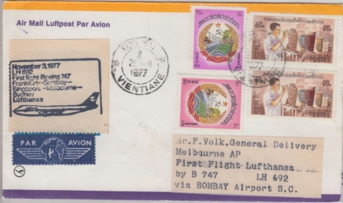 Laos - Zuleitungspost Lufthansa 1st-Flug FFM Sydney Etappe Bombay Melbourne 1976