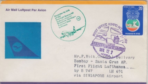 Korea - Zuleitungspost Lufthansa 1st-Flug Sydney FFM 1976 Etap. Singapore Bombay