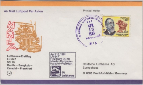 Philippinen - 3,20 P. 150. Geb. Stephan UPU Lufthansa 1st-Flug Manila FFM 1981