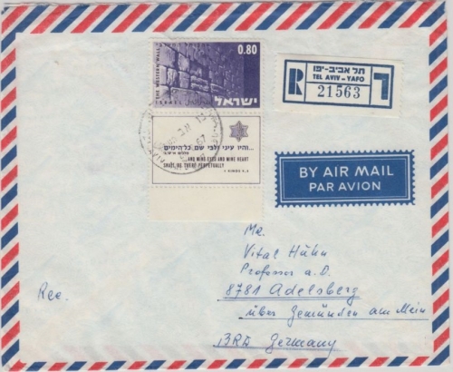 Israel - 80 A. Klagemauer TAB Randstück Luftpost Einschreiben Tel Aviv 1967 n.