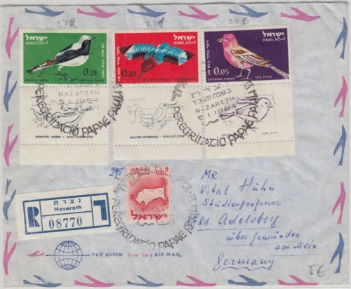 Israel - Luftpost Einschreibebrief SST Nazareth Papstreise 1964 n. Adelsberg ü.