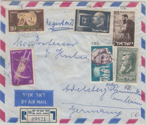 Israel - Luftpost Einschreibebrief bunt frankiert Tel Aviv Yafo 1961 n.