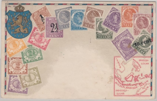 Niederländisch Indien Briefmarken-Postkarte Wappen Landkarte gelaufen Wien 1923