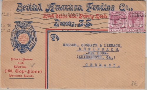 Malaya - 2x10 C. King George VI. illustrierter Firmenbrief Penang Rheinbach 1952