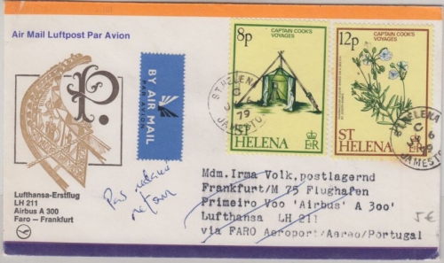St. Helena - 8+12 P. James Cook Luftpostbrief Zuleitung 1st-Flug Faro Frankfurt