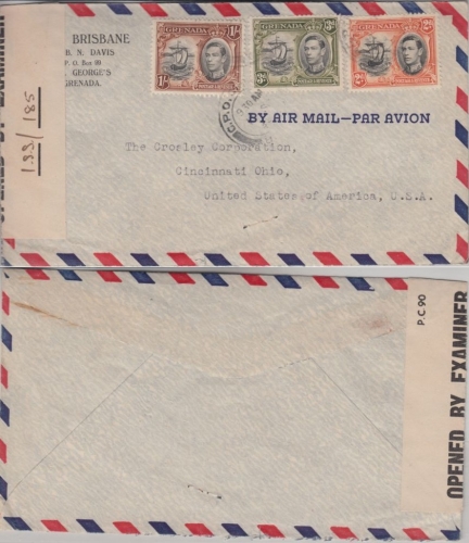Grenada - 1 Sh. freimarke u.a. Luftpost Zensurbrief n. USA GPO Grenada 1943