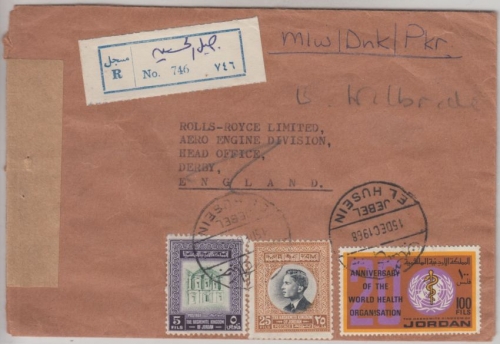 Jordanien - 100 F. 20Y WHO u.a. Einschreibebrief n. ENGLAND Jebel el Husein 1968