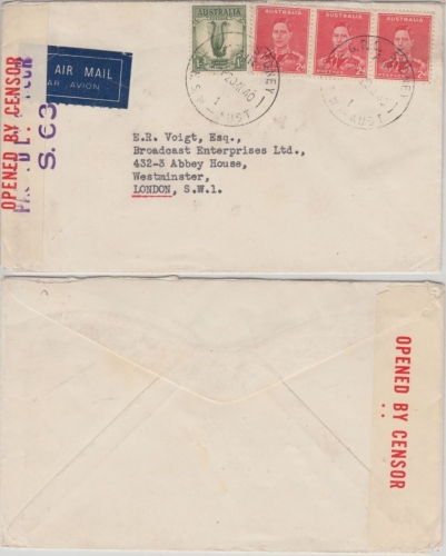 Australien - 1 Sh. Lyrebird u.a. Luftpost Zensurbrief Sydney - London 1940