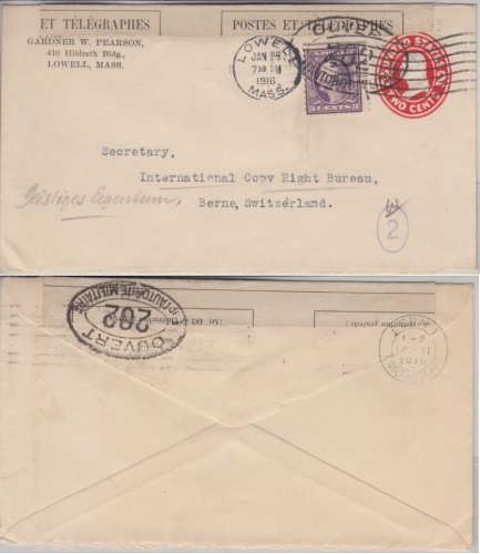 USA - 2 C. Ganzsachenumschlag/Zusatzfrankatur i.d. SCHWEIZ Lowell 1916 Zensur