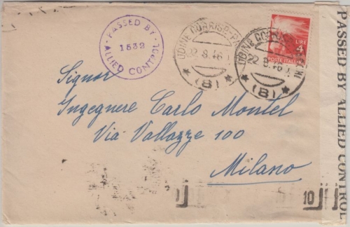 Italien - 4 L. Fackel Zensurbrief Udine - Milano 1946 Zensur Allied Controll