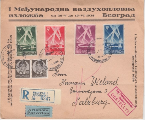 Jugoslawien - Flugausstellung Belgrad 1938 Satz u.a. Luftpost Einschreibebrief
