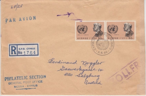 Zypern - 2x50 M. General Thimayya Luftpost Einschreibebrief FDC GPO Cyprus 1966