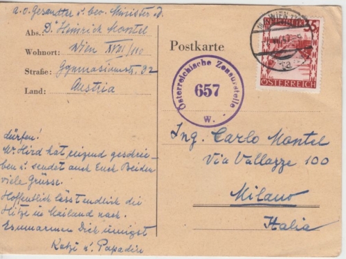 Österreich - 35g Landschaften I Karte n. ITALIEN Wien Mailand 1947 österr Zensur