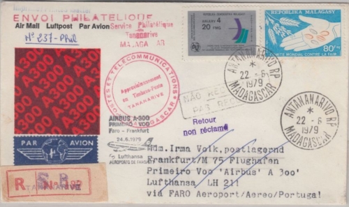 Malagasy - Zuleitungspost Erstflug Faro - FFM 1979 Luftpost Einschreibebrief