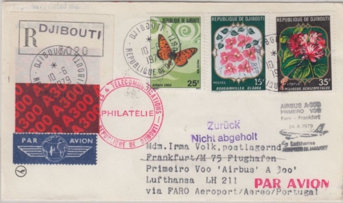 Djibouti - Zuleitungspost Erstflug Faro - FFM Luftpost Einschreibebrief 1979