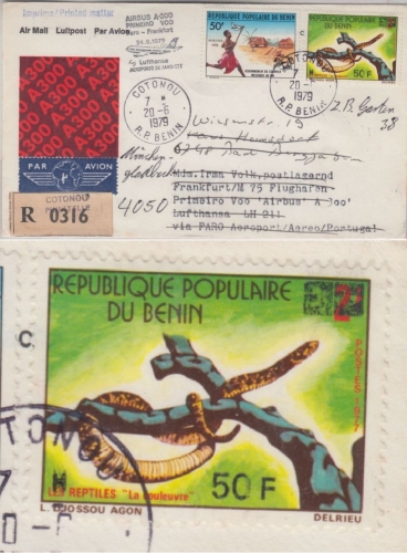 Benin - 50 a. 2 Fr. overprint Zuleitungspost Erstflug Faro FFM Luftpost 1979 RR