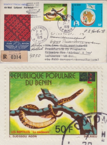 Benin - 50 a 2 Fr. overprint Zuleitungspost 1st-flight Faro FFM Luftpost 1979 R!