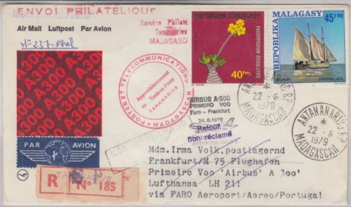 Madagaskar - Zuleitungspost LH-Erstflug Faro FFM Einschreibebrief 1979 45 F. Dau