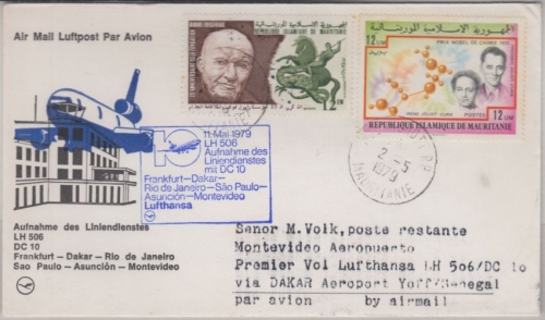 Mauretanien - 12 UM. Follereau Zuleitungspost LH-Erstflug Dakar Montevideo 1979