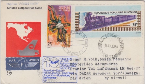 Congo - 75 Fr. Dampflokomotive Zuleitungspost LH-Erstflug Dakar Montevideo 1979