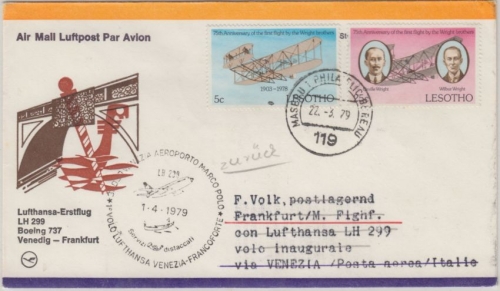 Lesotho - 5+25 C. Wright Zuleitungspost LH-Erstflug Venedig Frankfurt 1979 !!