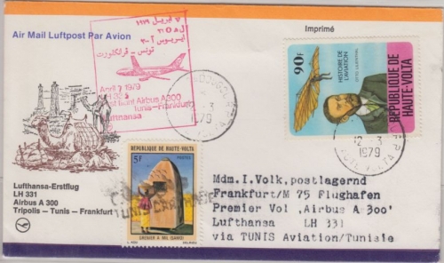 Haute-Volta - 90 F Lilienthal Zuleitungspost LH-Erstflug Tunis Frankfurt 1979