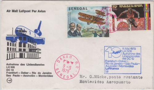 Senegal - 75 Fr. Gebr. Wright Etappenpost LH-Erstflug FFM Dakar Montevideo 1979