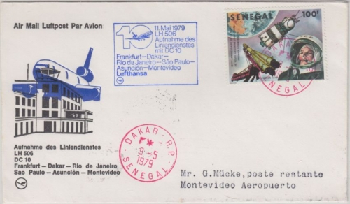 Senegal - 100 Fr Wostok 1 Etappenpost LH-Erstflug Frankfurt/Main Montevideo 1979