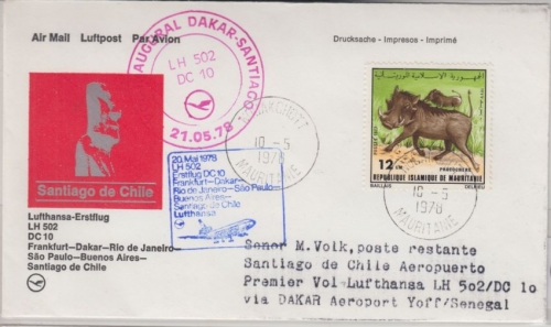 Mauretanien - 12 UM. Warzenschwein Zuleitungspost LH-Erstflug Frankfurt/M. 1979