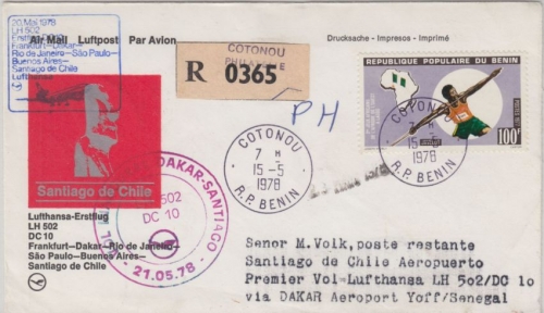 Benin - 100 Fr. Speerwerfer Zuleitungspost LH-Erstflug Frankfurt Santiago 1978