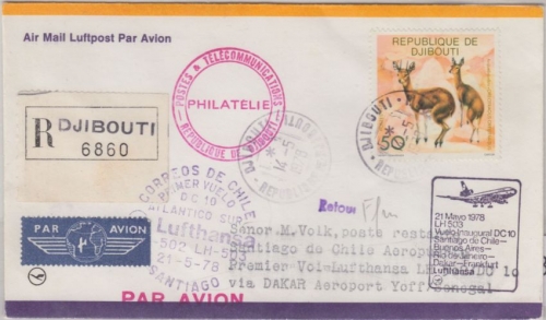 Djibouti - 50 Fr. Antilope Zuleitungspost LH-Erstflug Frankfurt Santiago 1978