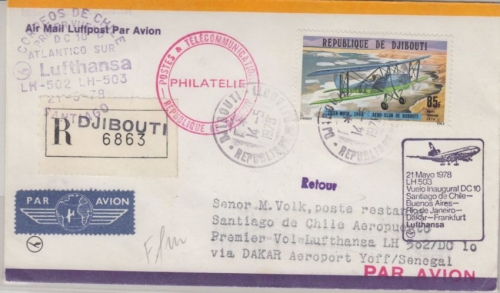 Djibouti - 85 Fr. Aeroclub Zuleitungspost LH-Erstflug Frankfurt Santiago 1978
