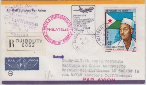 Djibouti - 65 Fr. Aptidon Zuleitungspost LH-Erstflug Frankfurt Santiago 1978