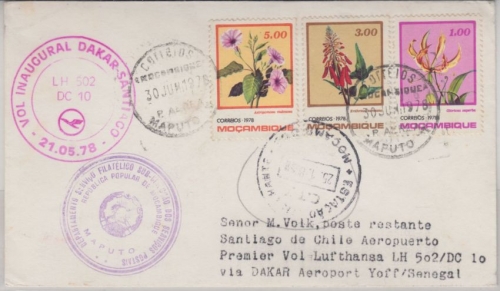 Mocambique - 5+3+1 E. Blumen Zuleitungspost LH-Erstflug Frankfurt Santiago 1978