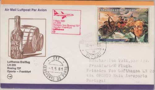 Guine Bissau - 15 E. 100 J. USA Zuleitungspost LH-Erstflug Oporto Frankfurt 1981