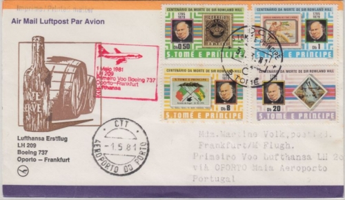 Sao Tome - 100. Todestag R. Hill Zuleitungspost LH-Erstflug Oporto FFM 1981