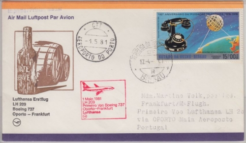 Guine Bissau - 15 E. 100 J. Telefon Zuleitungspost LH-Erstflug Oporto FFM 1981