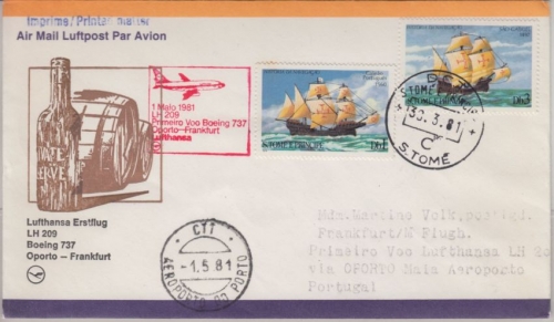 Sao Tome - 3+1 Db. Segelschiffe Zuleitungspost LH-Erstflug Oporto FFM 1981