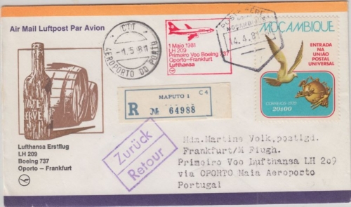 Mocambique - 20 E. UPU Zuleitungspost LH-Erstflug Oporto FFM 1981 Einschreiben R