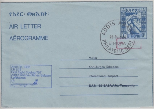 Ethiopia - 50 a. 10 C. Aerogramme Zuleitungspost LH-Erstflug Addis Ababa 1982 n.