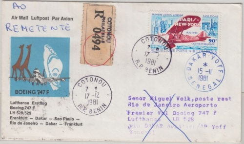 Benin - 90 Fr. 1st-Flug Paris-New York Luftpostbrief Einschreiben Conotou 1981